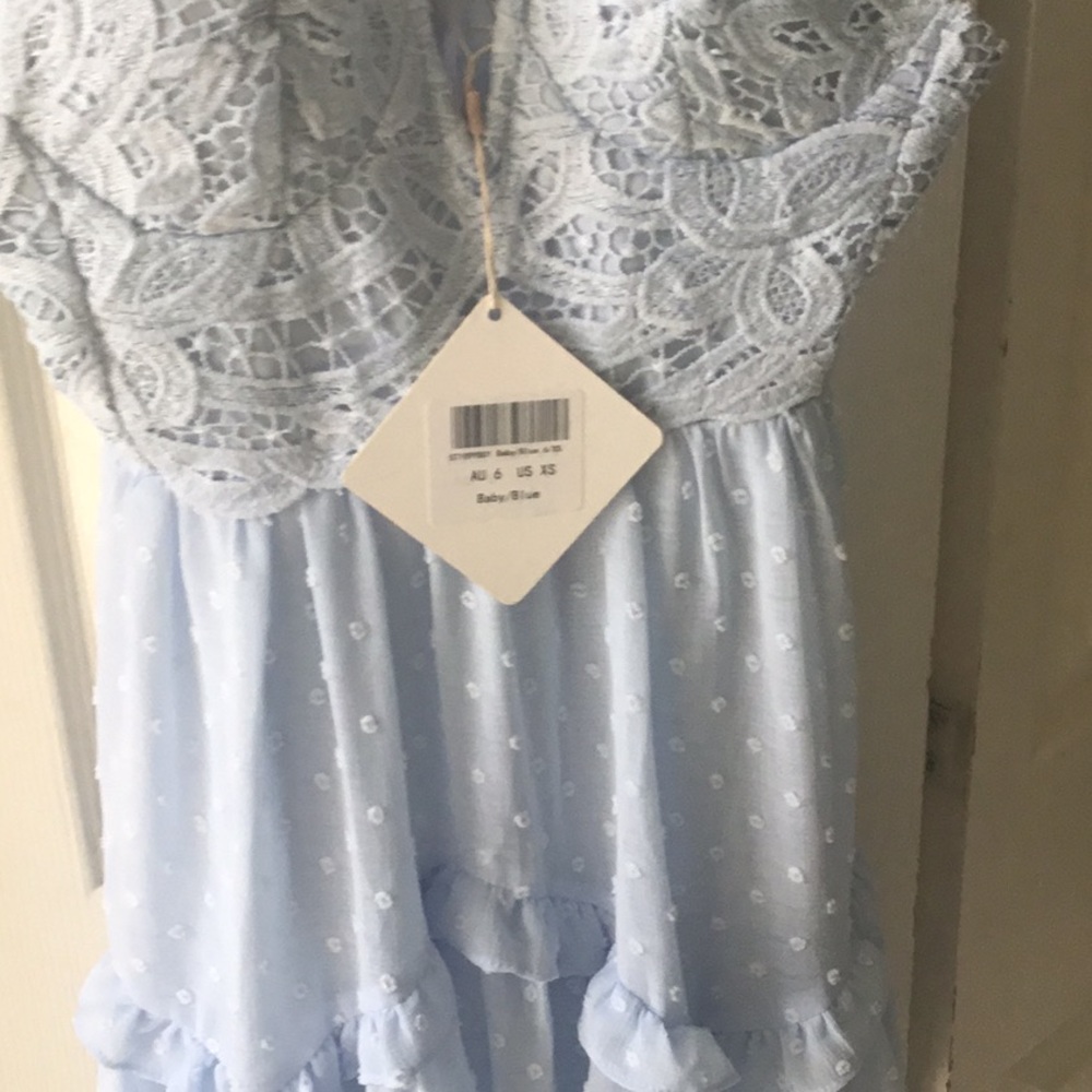 NWT Angel Biba Womens Deep V Neck Crochet Bust Swiss Dot Mini Dress Size XS Blue - Picture 3 of 4